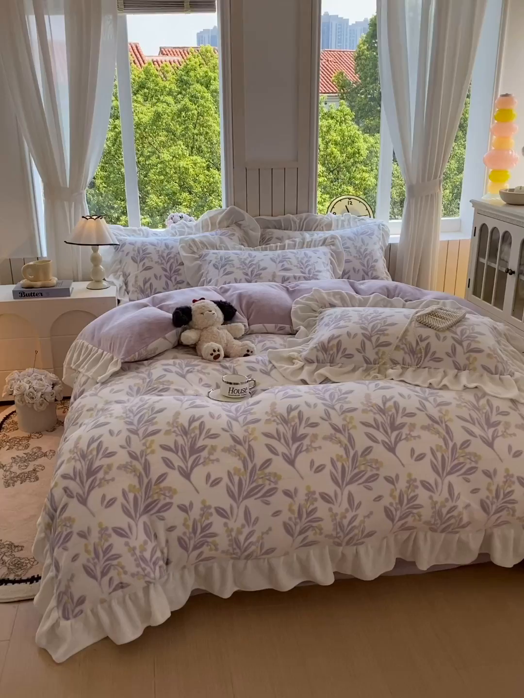 91家纺网 家纺一手货源 找家纺 启程家纺 2025新款花边雕花牛奶绒四件套 小豆芽-紫-花边款