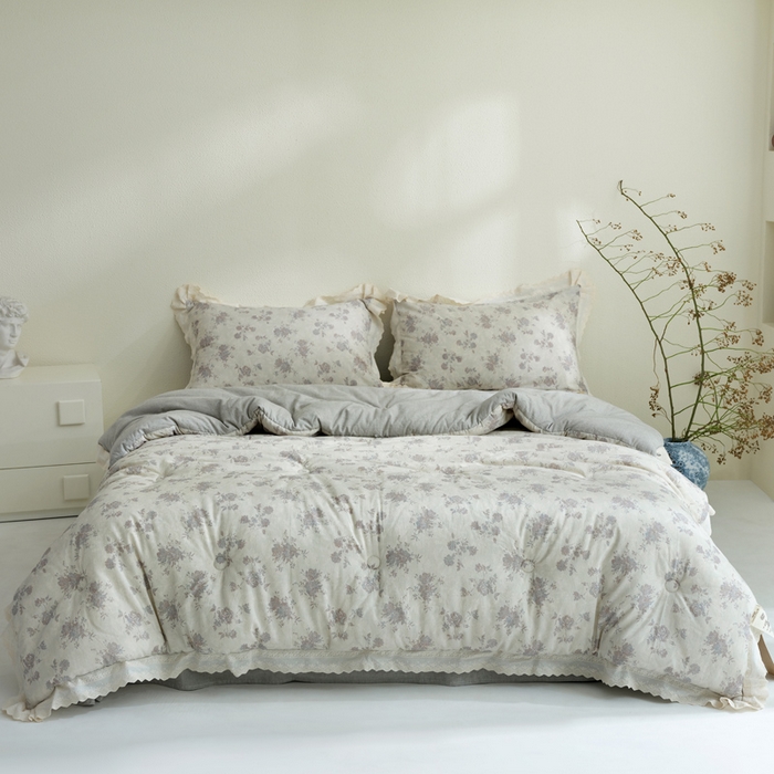 桂雅居 2025新款舒适麻棉麻数码印花蕾丝花边懒人被被子被芯 时雨灰