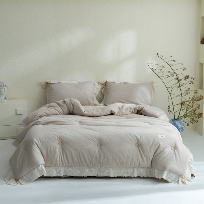 桂雅居 2025新款舒适麻棉麻数码印花蕾丝花边懒人被被子被芯 栗壳色