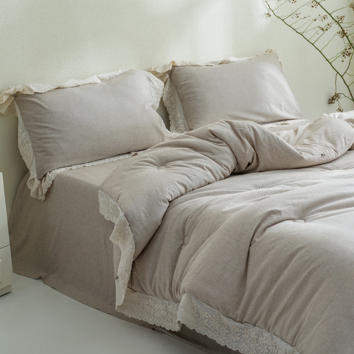 91家纺网 家纺一手货源 找家纺 桂雅居 2025新款舒适麻棉麻数码印花蕾丝花边懒人被被子被芯 栗壳色