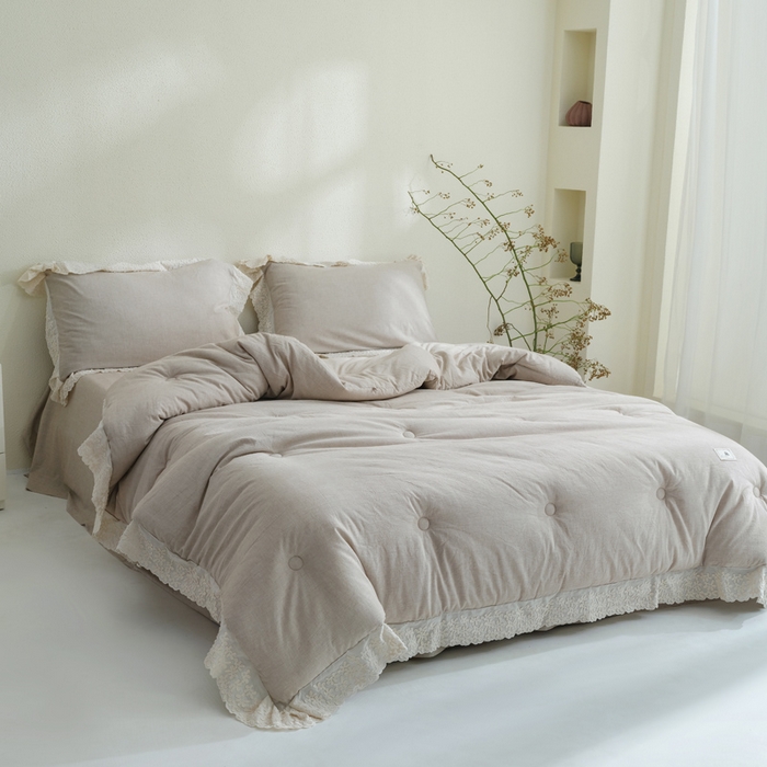 91家纺网 家纺一手货源 找家纺 桂雅居 2025新款舒适麻棉麻数码印花蕾丝花边懒人被被子被芯 栗壳色