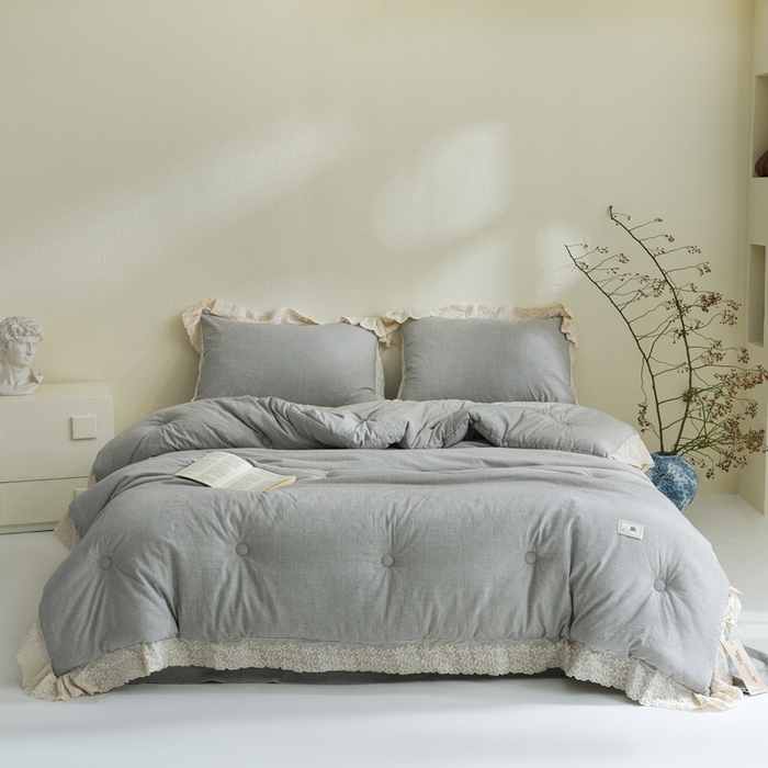 桂雅居 2025新款舒适麻棉麻数码印花蕾丝花边懒人被被子被芯 烟墨灰