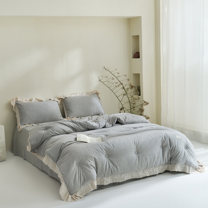 91家纺网 家纺一手货源 找家纺 桂雅居 2025新款舒适麻棉麻数码印花蕾丝花边懒人被被子被芯 烟墨灰