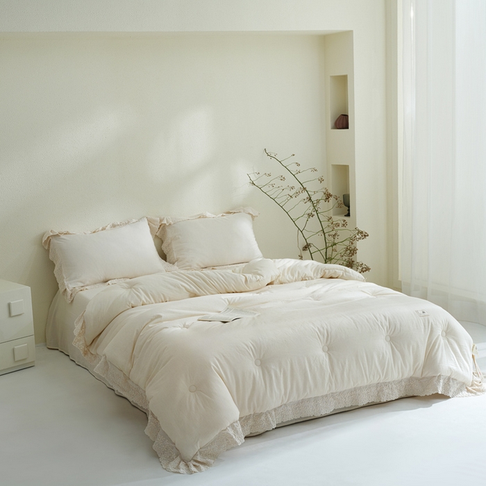 91家纺网 家纺一手货源 找家纺 桂雅居 2025新款舒适麻棉麻数码印花蕾丝花边懒人被被子被芯 麻本色