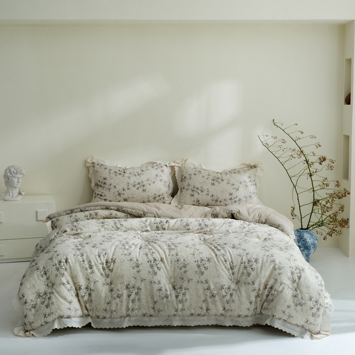 桂雅居 2025新款舒适麻棉麻数码印花蕾丝花边懒人被被子被芯 映雪咖