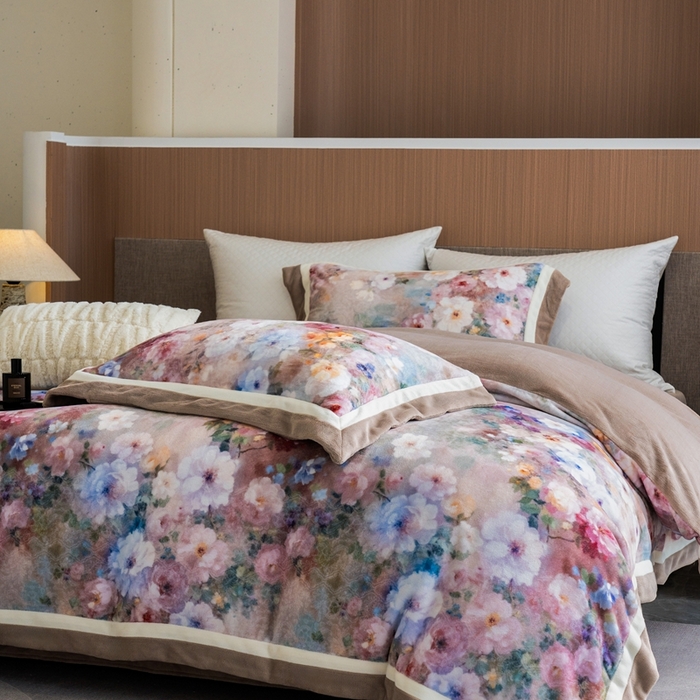 91家纺网 家纺一手货源 找家纺 瑞雪家居 2025新款全消光数码印花牛奶绒系列四件套 花语黄