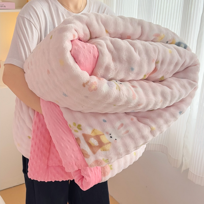 91家纺网 家纺一手货源 找家纺 （总）默忆 2025新款印花兔毛绒双面绒被子豆豆被兔兔绒冬被春秋被被芯