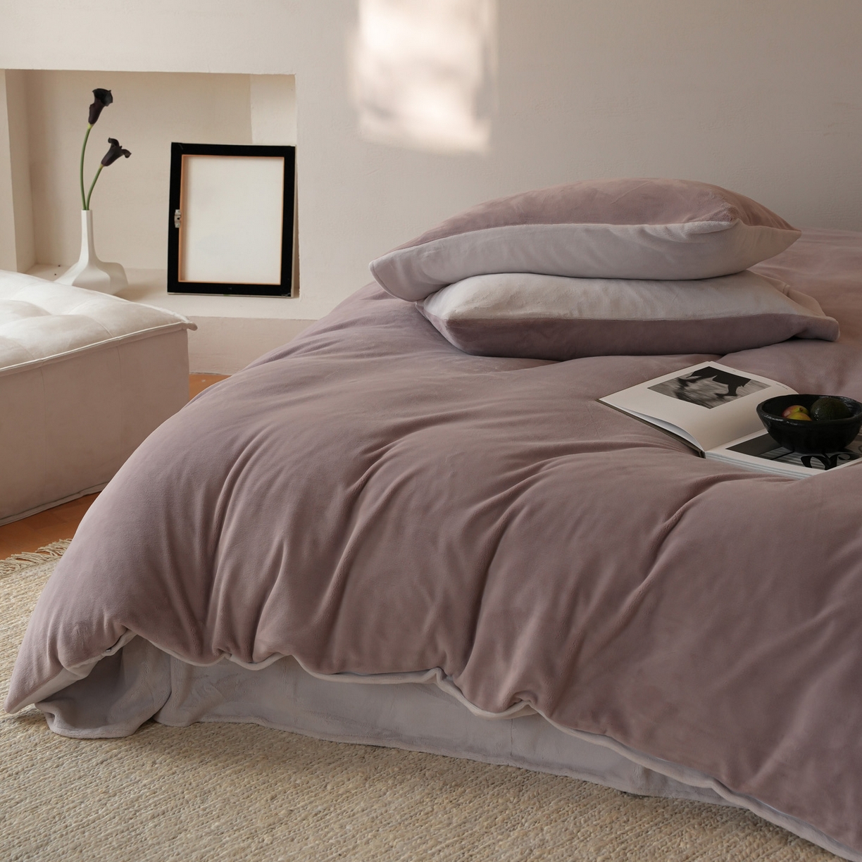 91家纺网 家纺一手货源 找家纺 简纯主义 2025新款撞色牛奶绒那不勒斯系列四件套 芋泥