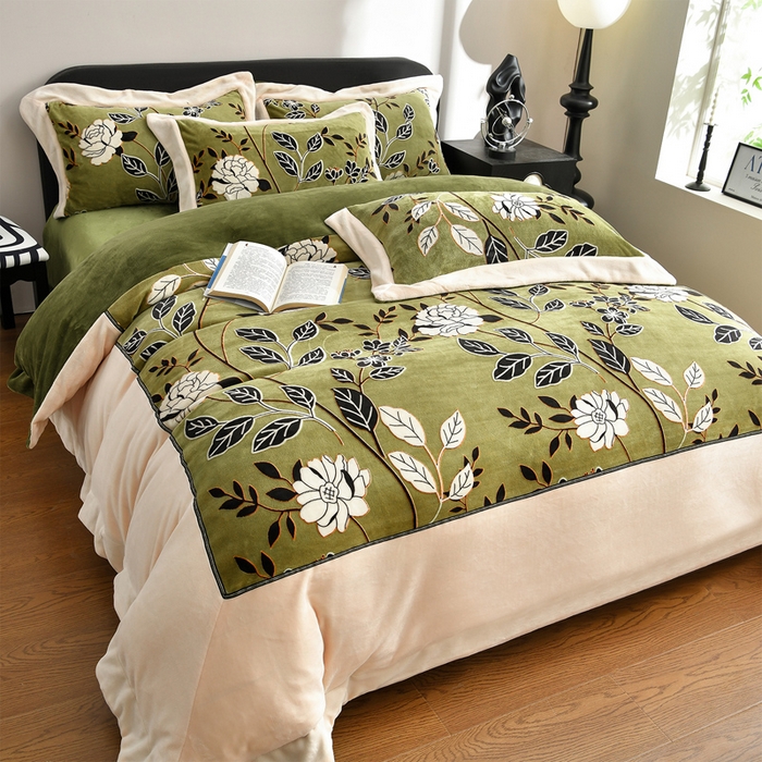 91家纺网 家纺一手货源 找家纺 妮恒美家纺 2025新款高克重婴儿绒四件套-知秋系列 知秋-茶绿