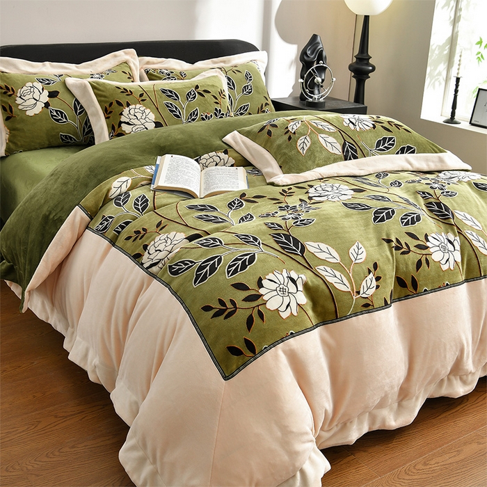 91家纺网 家纺一手货源 找家纺 妮恒美家纺 2025新款高克重婴儿绒四件套-知秋系列 知秋-茶绿