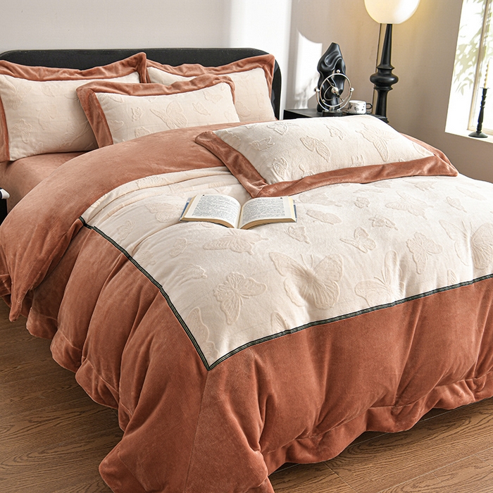 91家纺网 家纺一手货源 找家纺 妮恒美家纺 2025新款高克重婴儿绒四件套-知秋系列 蝶恋-焦糖