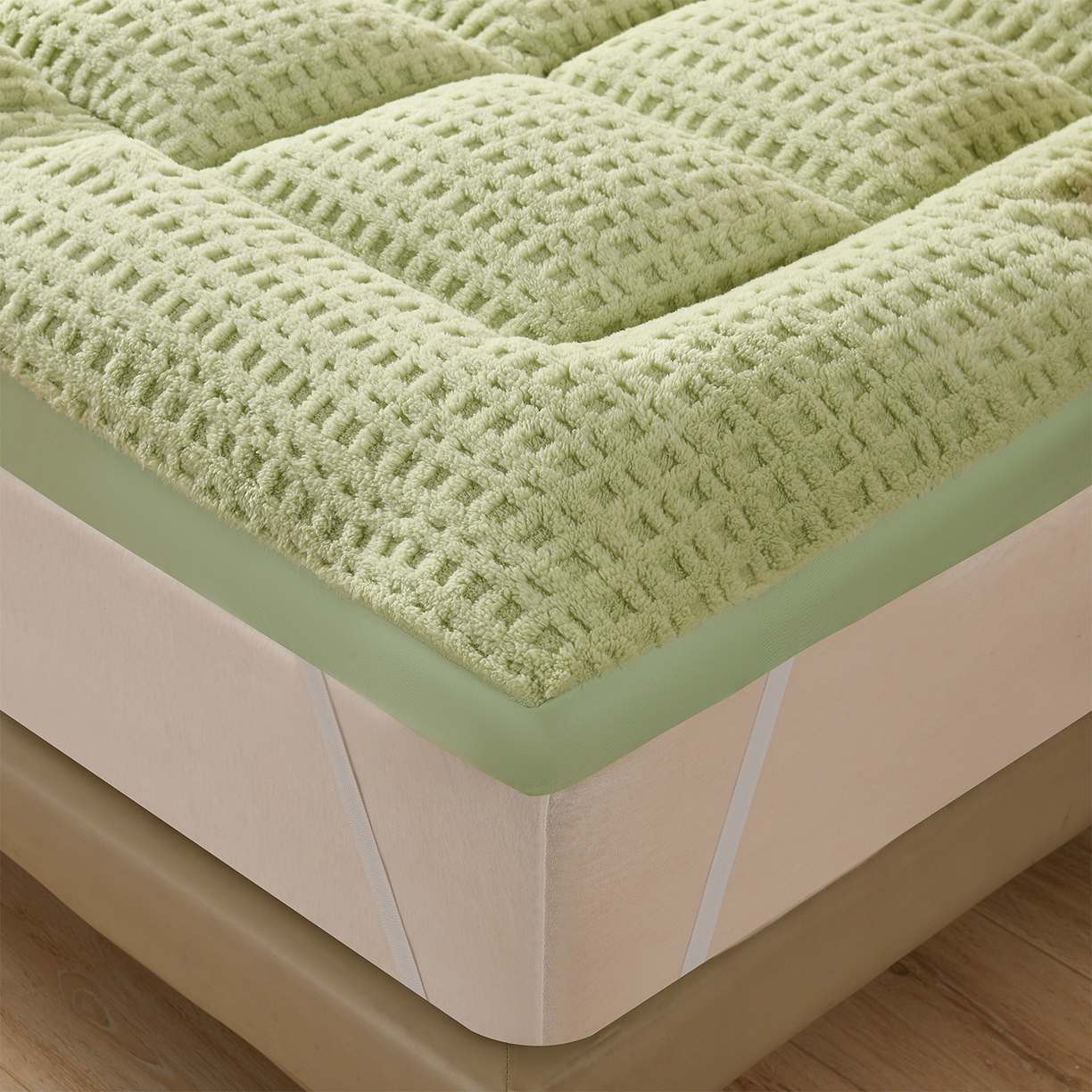 91家纺网 家纺一手货源 找家纺 预言家纺 2025新款A类舒棉绒牛奶绒羽丝绒床垫褥子多功能软垫垫子 抹茶绿