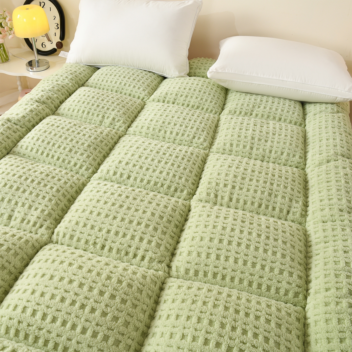 91家纺网 家纺一手货源 找家纺 预言家纺 2025新款A类舒棉绒牛奶绒羽丝绒床垫褥子多功能软垫垫子 抹茶绿