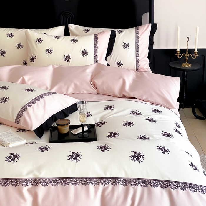 91家纺网 家纺一手货源 找家纺 云栖家居 2025新款全棉纯棉长绒棉纯棉刺绣四件套-浅陌（控价不低于318元） 浅陌-粉