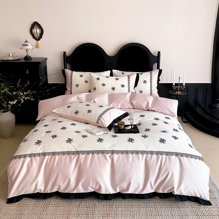 91家纺网 家纺一手货源 找家纺 云栖家居 2025新款全棉纯棉长绒棉纯棉刺绣四件套-浅陌（控价不低于318元） 浅陌-粉