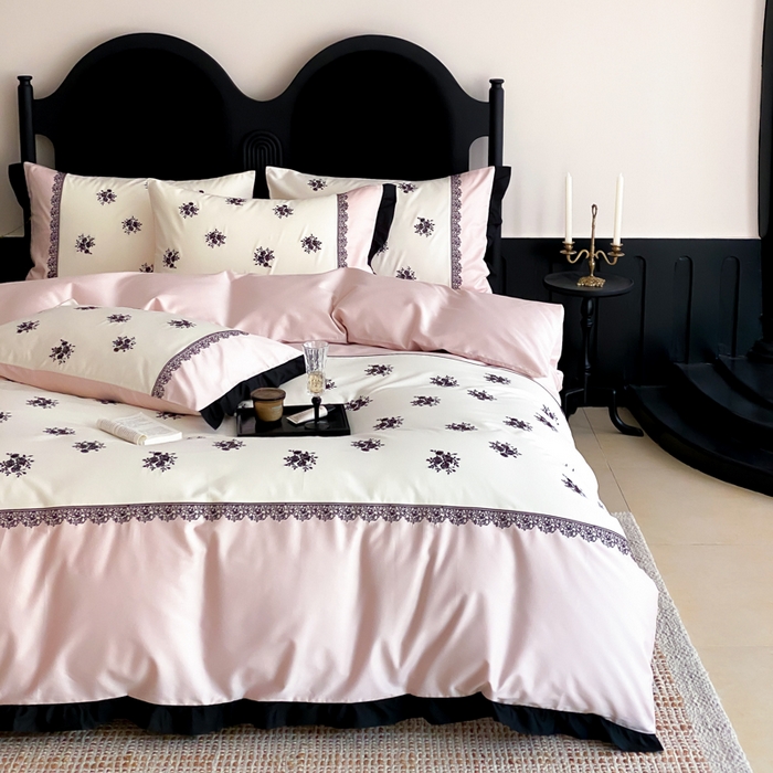 91家纺网 家纺一手货源 找家纺 云栖家居 2025新款全棉纯棉长绒棉纯棉刺绣四件套-浅陌（控价不低于318元） 浅陌-粉