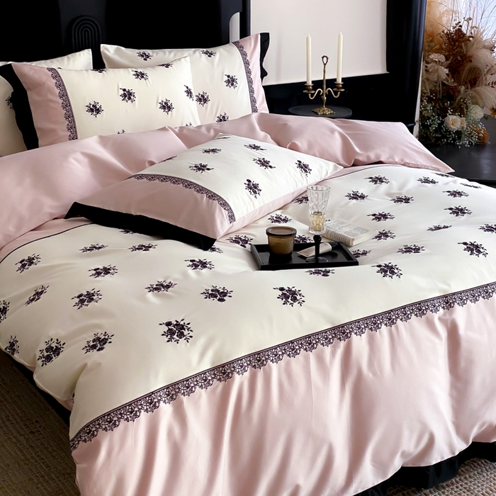 91家纺网 家纺一手货源 找家纺 云栖家居 2025新款全棉纯棉长绒棉纯棉刺绣四件套-浅陌（控价不低于318元） 浅陌-粉