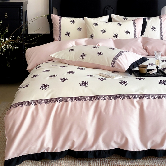 91家纺网 家纺一手货源 找家纺 云栖家居 2025新款全棉纯棉长绒棉纯棉刺绣四件套-浅陌（控价不低于318元） 浅陌-粉