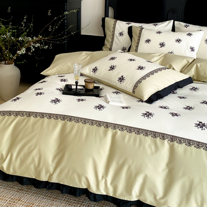 91家纺网 家纺一手货源 找家纺 云栖家居 2025新款全棉纯棉长绒棉纯棉刺绣四件套-浅陌（控价不低于318元） 浅陌-绿