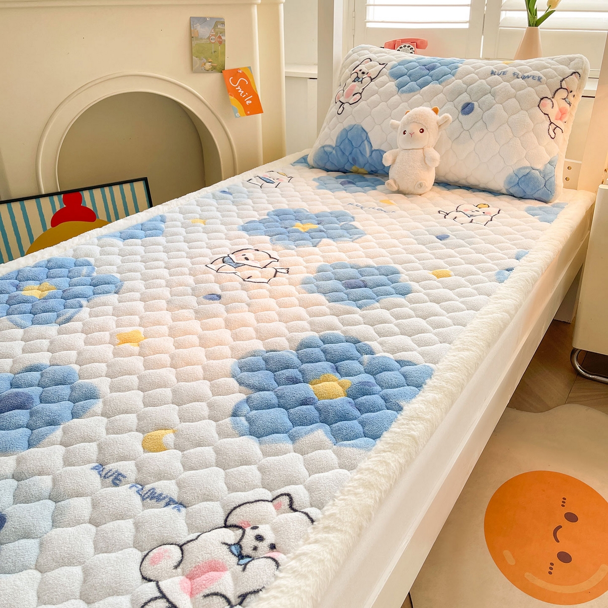 91家纺网 家纺一手货源 找家纺 喜居 2025新款加厚印花牛奶绒夹棉床垫床褥垫褥子床护垫 元气喵