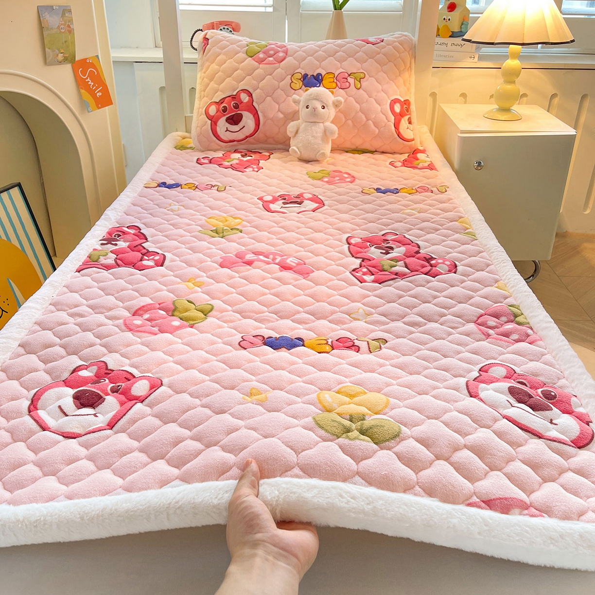 喜居 2025新款加厚印花牛奶绒夹棉床垫床褥垫褥子床护垫 草莓小熊