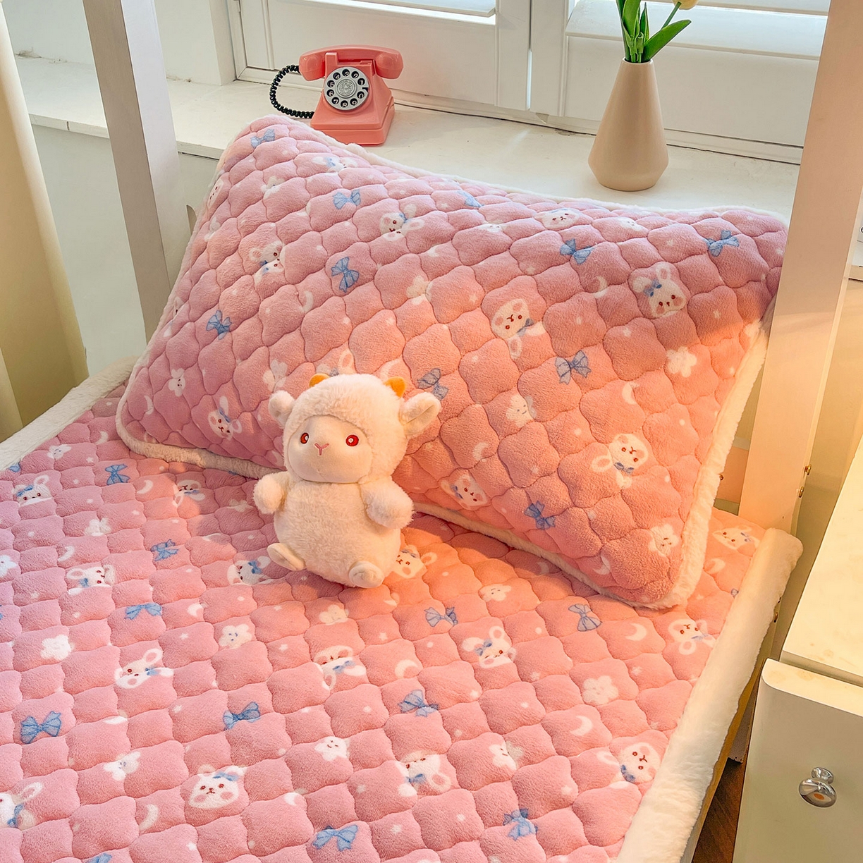 91家纺网 家纺一手货源 找家纺 喜居 2025新款加厚印花牛奶绒夹棉床垫床褥垫褥子床护垫 粉粉兔