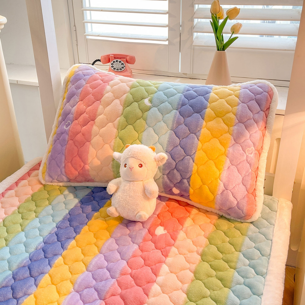 91家纺网 家纺一手货源 找家纺 喜居 2025新款加厚印花牛奶绒夹棉床垫床褥垫褥子床护垫 彩虹淘气