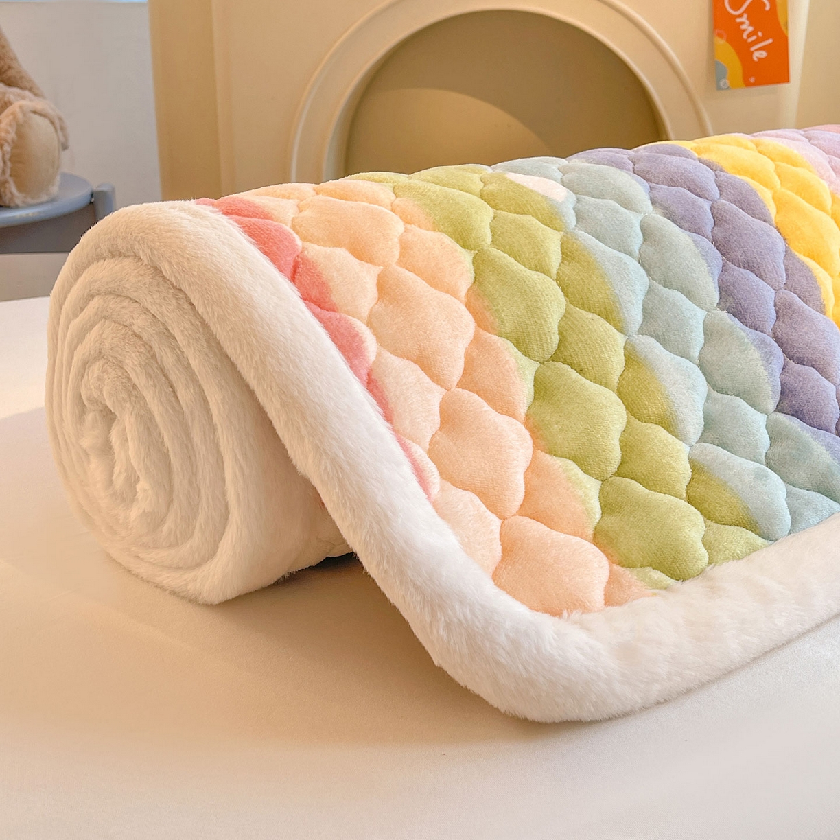 91家纺网 家纺一手货源 找家纺 喜居 2025新款加厚印花牛奶绒夹棉床垫床褥垫褥子床护垫 彩虹淘气