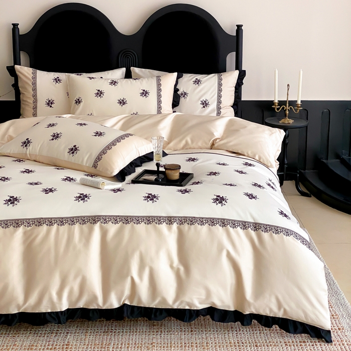 91家纺网 家纺一手货源 找家纺 云栖家居 2025新款全棉纯棉长绒棉纯棉刺绣四件套-浅陌（控价不低于318元） 浅陌-香槟白