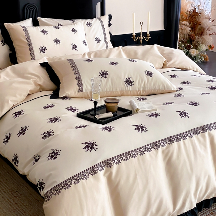 91家纺网 家纺一手货源 找家纺 云栖家居 2025新款全棉纯棉长绒棉纯棉刺绣四件套-浅陌（控价不低于318元） 浅陌-香槟白