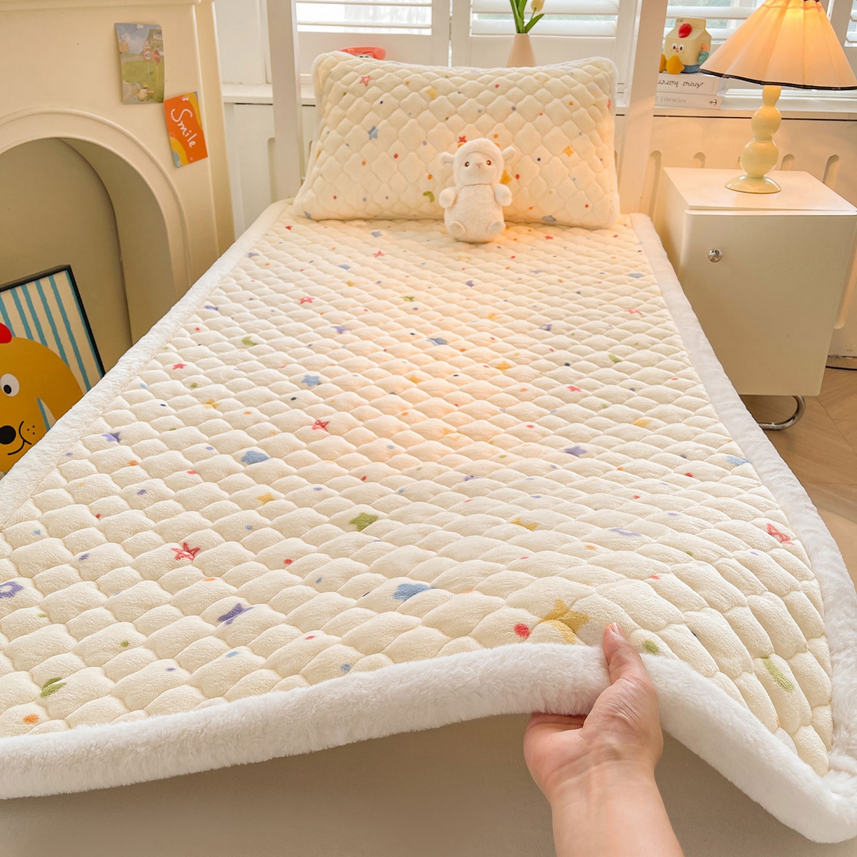 91家纺网 家纺一手货源 找家纺 喜居 2025新款加厚印花牛奶绒夹棉床垫床褥垫褥子床护垫 童话星空