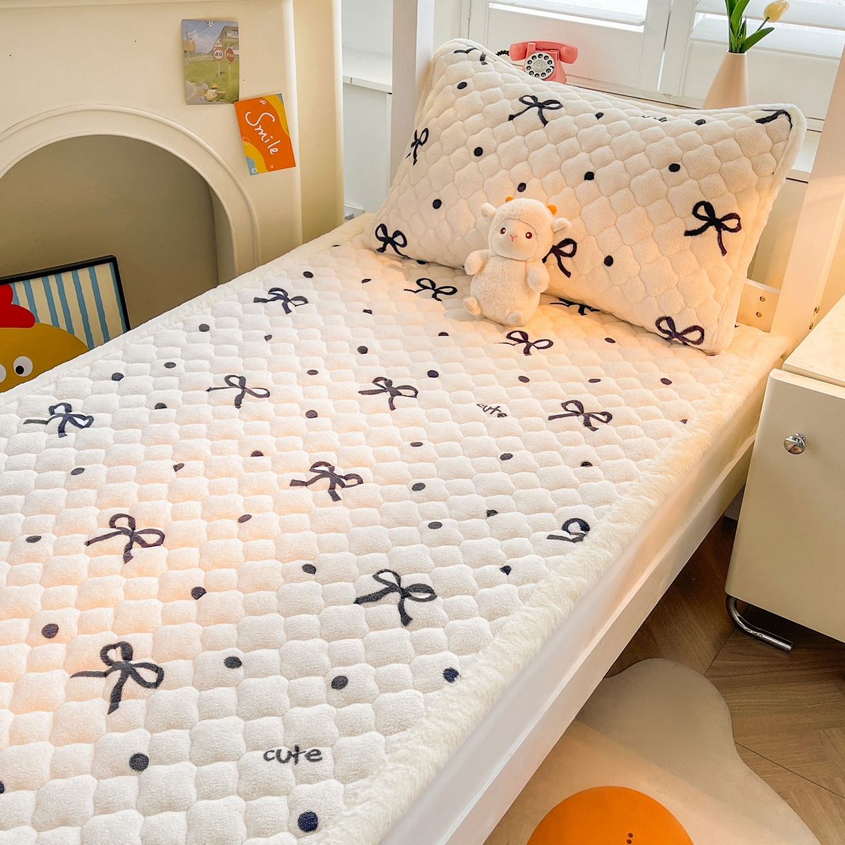 91家纺网 家纺一手货源 找家纺 喜居 2025新款加厚印花牛奶绒夹棉床垫床褥垫褥子床护垫 波点蝴蝶结