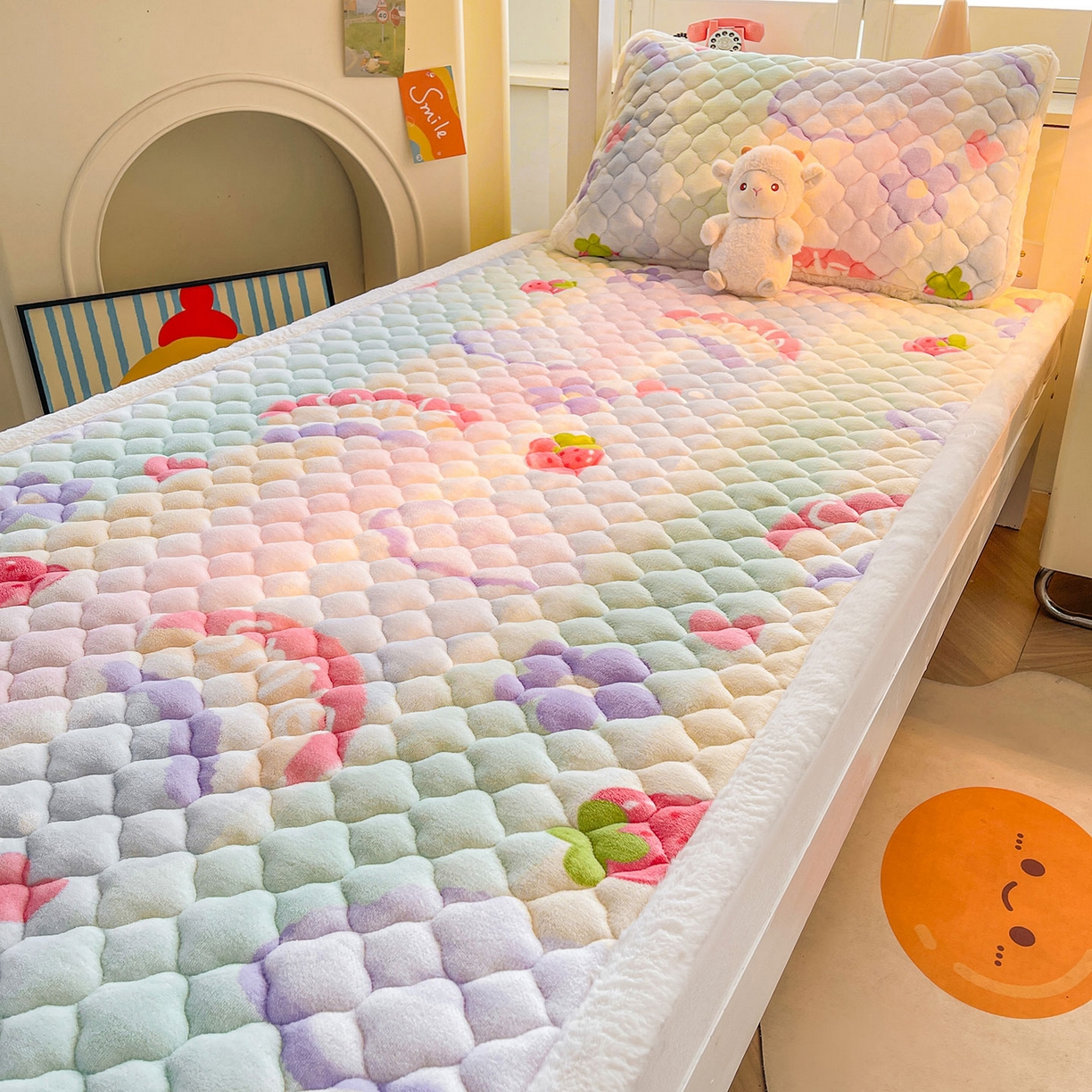 91家纺网 家纺一手货源 找家纺 喜居 2025新款加厚印花牛奶绒夹棉床垫床褥垫褥子床护垫 彩虹草莓