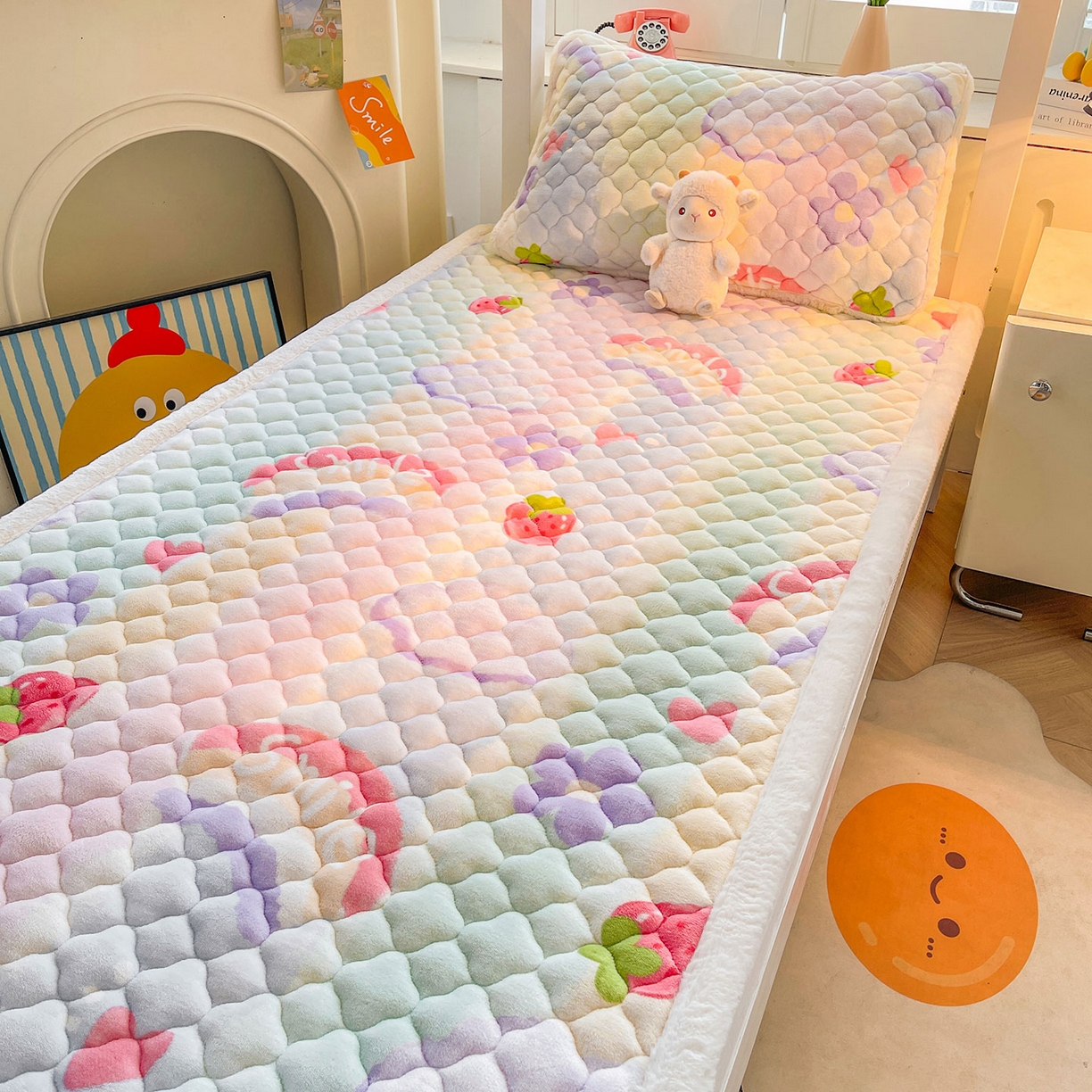 91家纺网 家纺一手货源 找家纺 喜居 2025新款加厚印花牛奶绒夹棉床垫床褥垫褥子床护垫 彩虹草莓