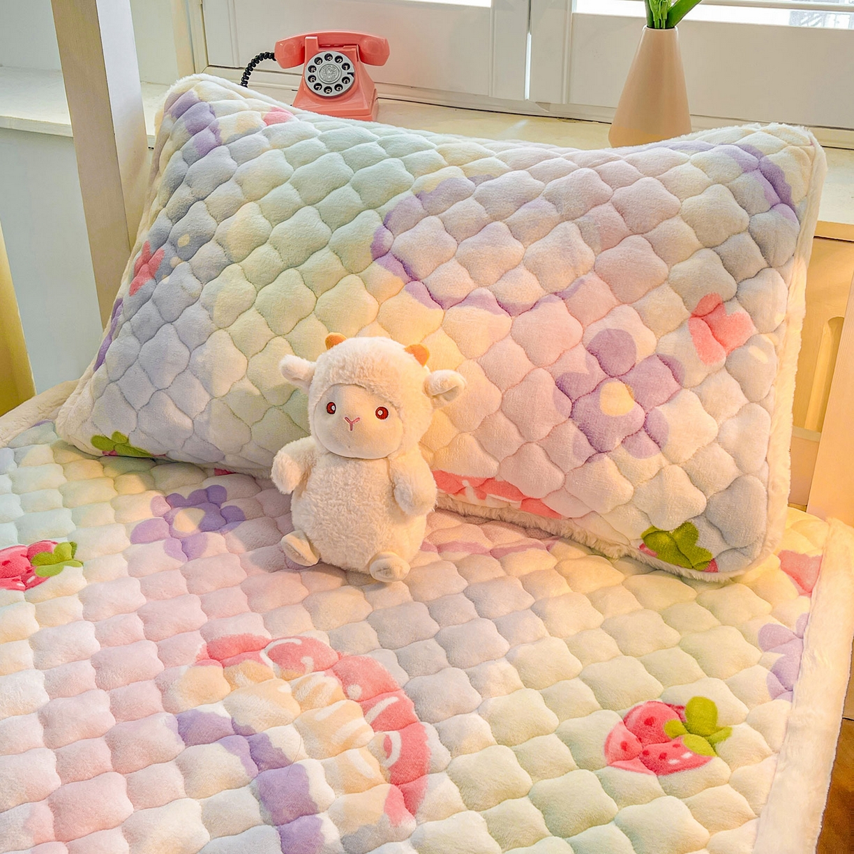 91家纺网 家纺一手货源 找家纺 喜居 2025新款加厚印花牛奶绒夹棉床垫床褥垫褥子床护垫 彩虹草莓