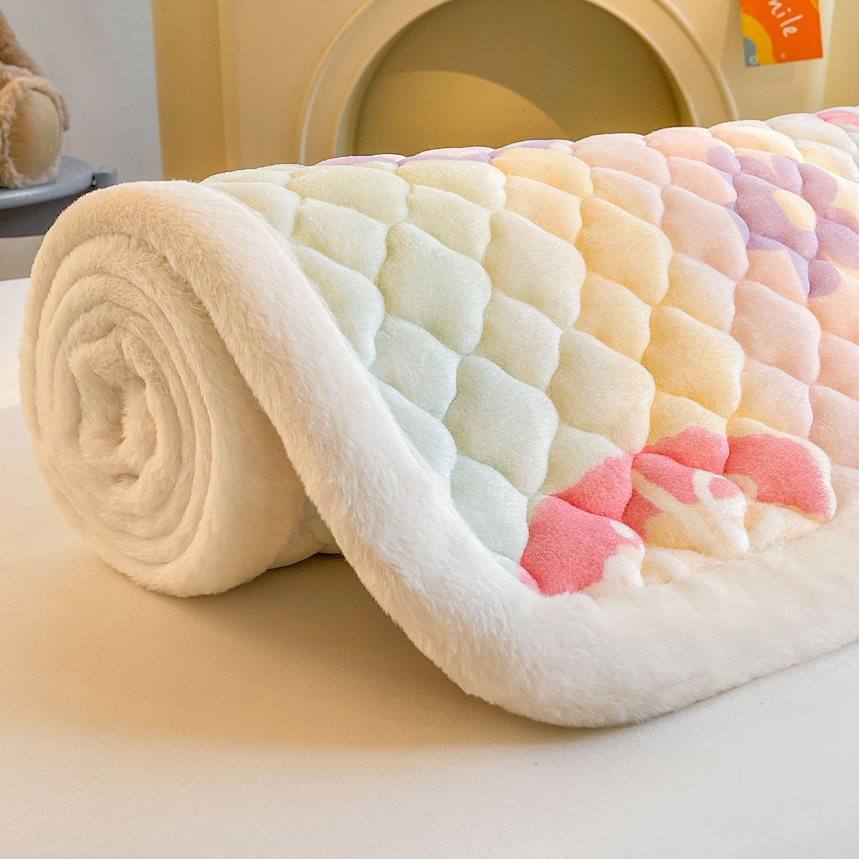 91家纺网 家纺一手货源 找家纺 喜居 2025新款加厚印花牛奶绒夹棉床垫床褥垫褥子床护垫 彩虹草莓