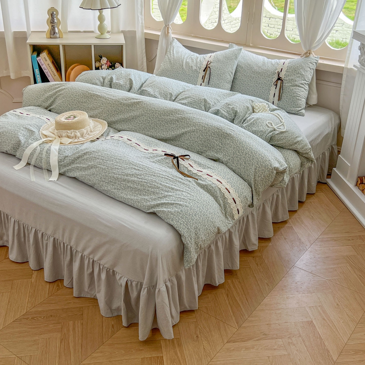 91家纺网 家纺一手货源 找家纺 （总）老K (原美阁） 2025新款床裙款蝴蝶结细丝斜纹韩版四件套