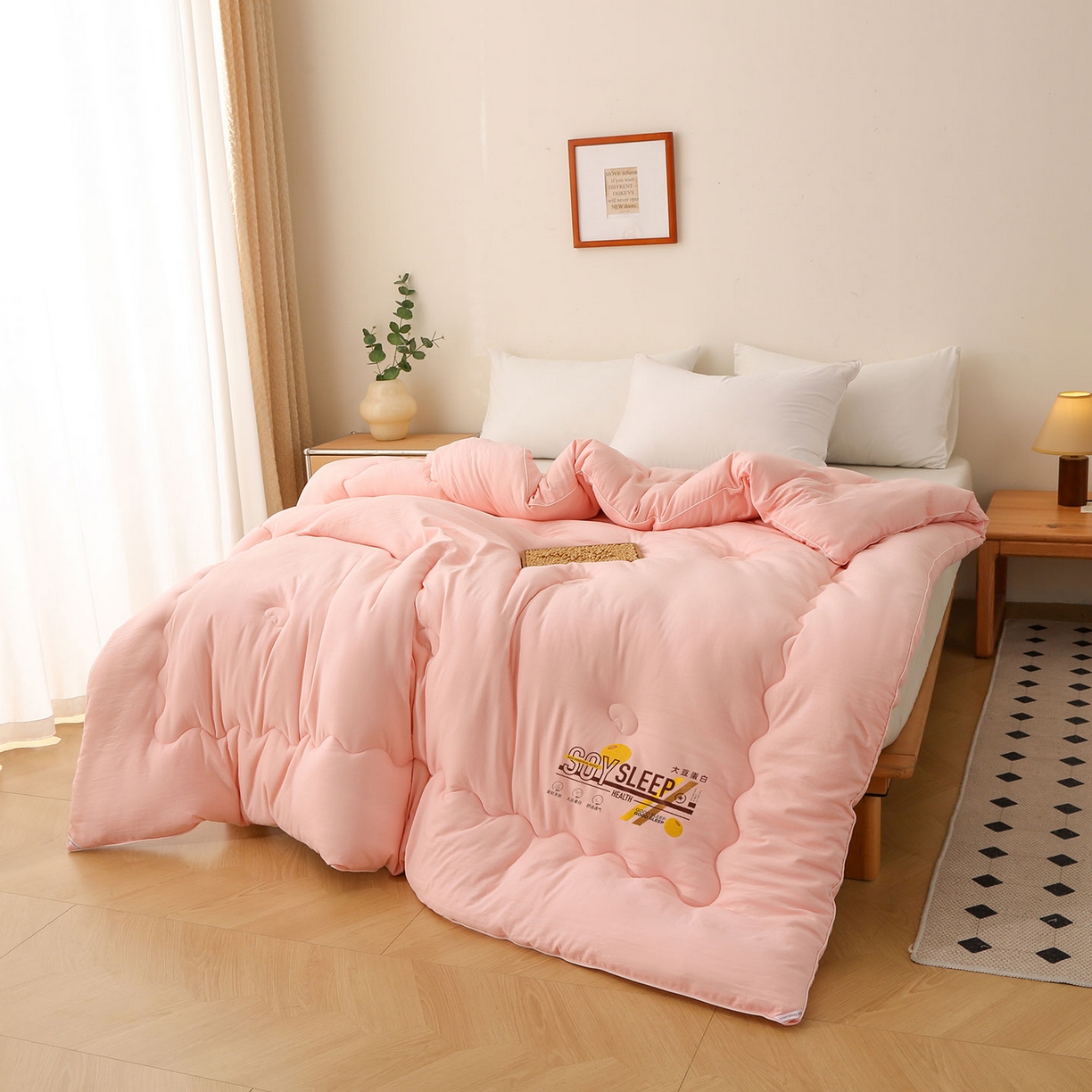 91家纺网 家纺一手货源 找家纺 薇玛仕 2025新款简约超柔水洗皱皱棉大豆被秋冬被被子被芯 粉玉