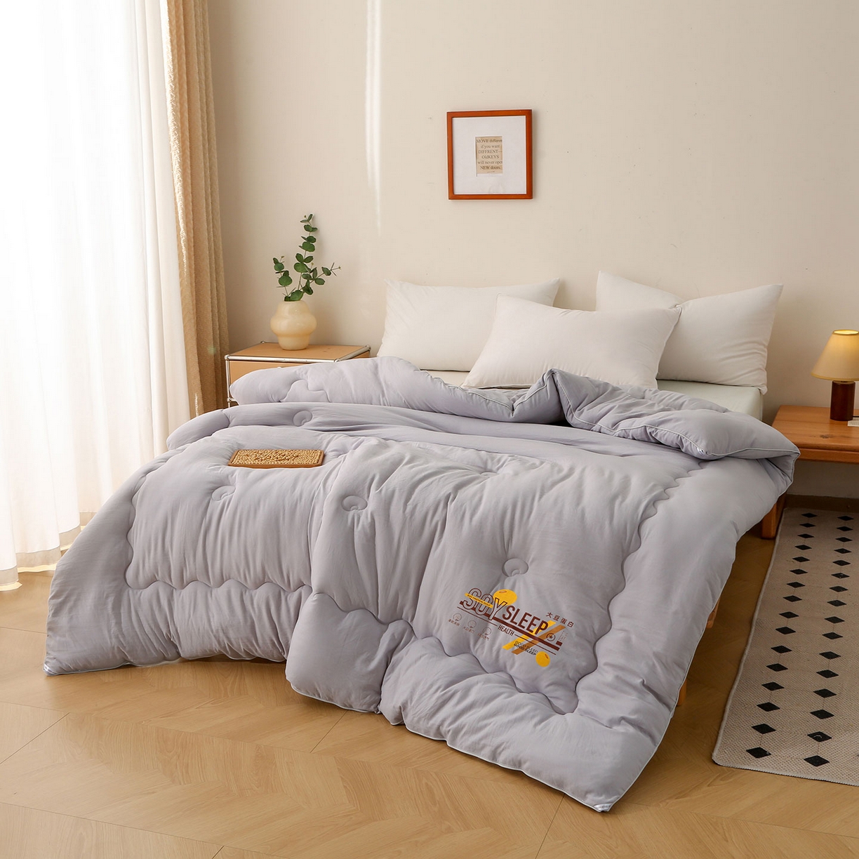 91家纺网 家纺一手货源 找家纺 薇玛仕 2025新款简约超柔水洗皱皱棉大豆被秋冬被被子被芯 浅灰