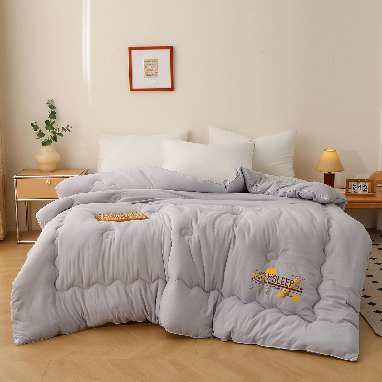 91家纺网 家纺一手货源 找家纺 薇玛仕 2025新款简约超柔水洗皱皱棉大豆被秋冬被被子被芯 浅灰