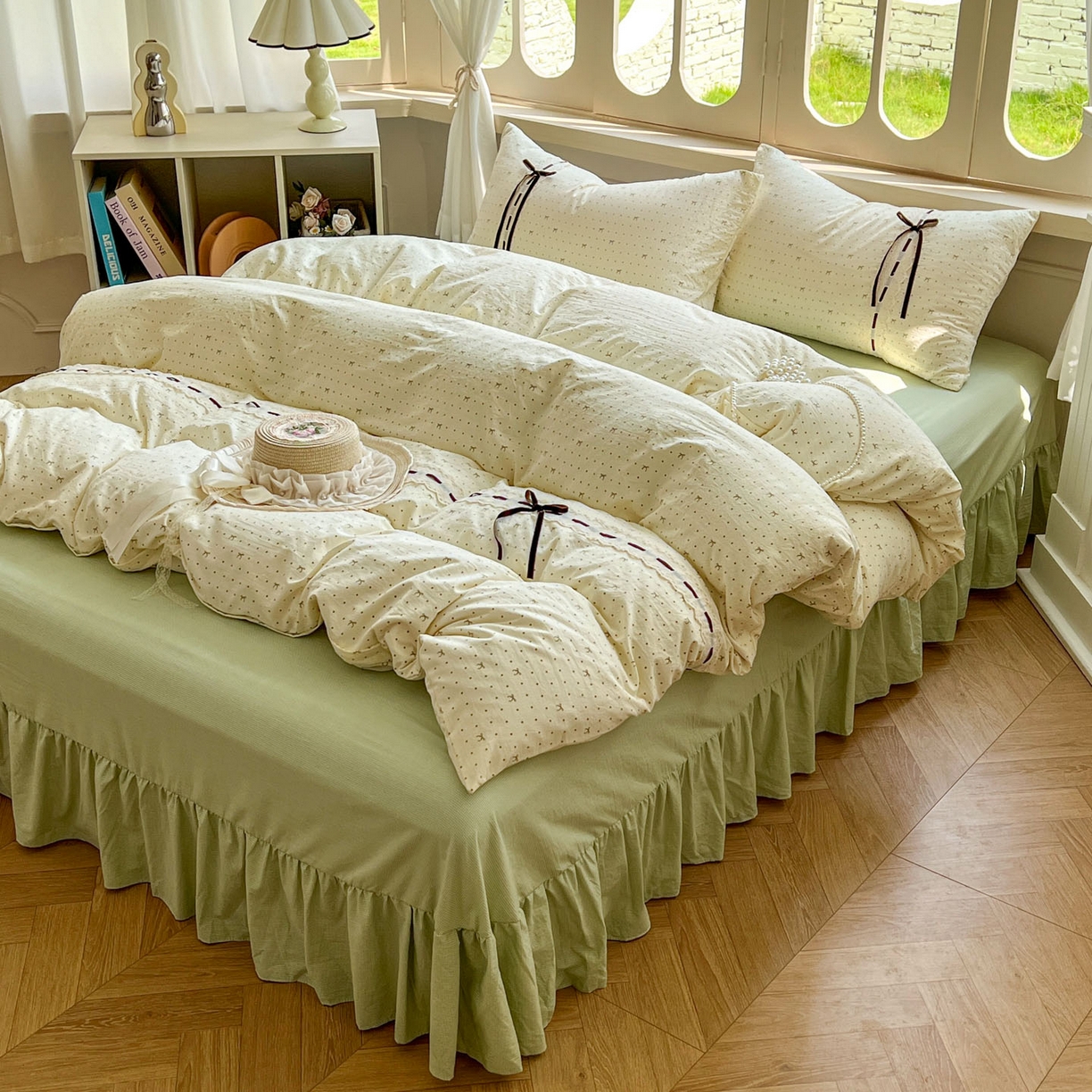 老K (原美阁） 2025新款床裙款蝴蝶结细丝斜纹韩版四件套 绿色蝴蝶结