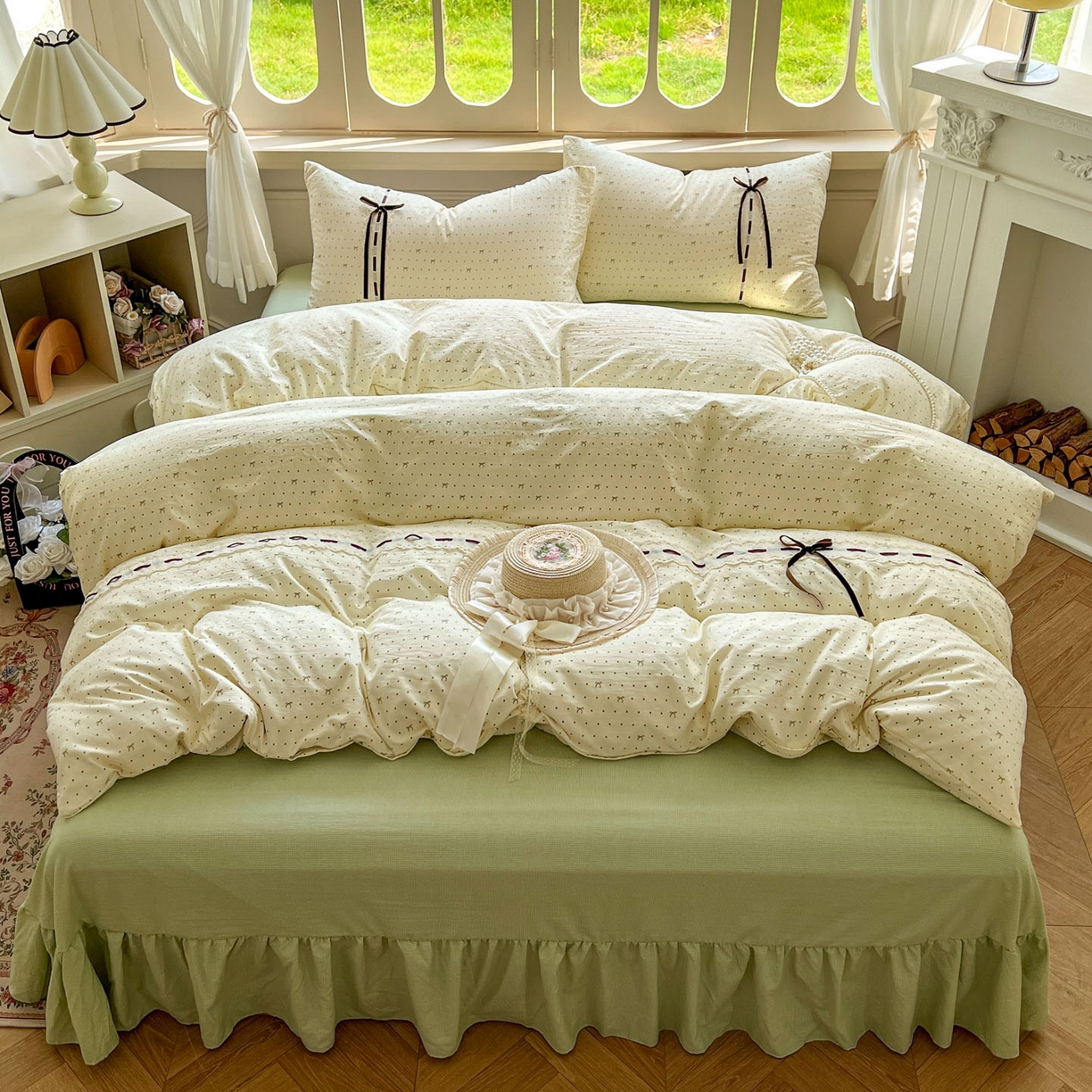 91家纺网 家纺一手货源 找家纺 老K (原美阁） 2025新款床裙款蝴蝶结细丝斜纹韩版四件套 绿色蝴蝶结