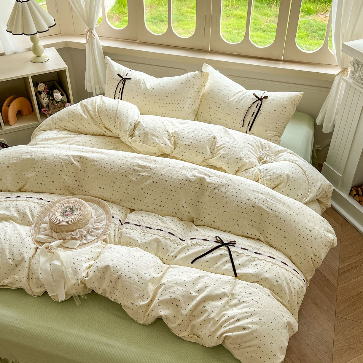 91家纺网 家纺一手货源 找家纺 老K (原美阁） 2025新款床裙款蝴蝶结细丝斜纹韩版四件套 绿色蝴蝶结