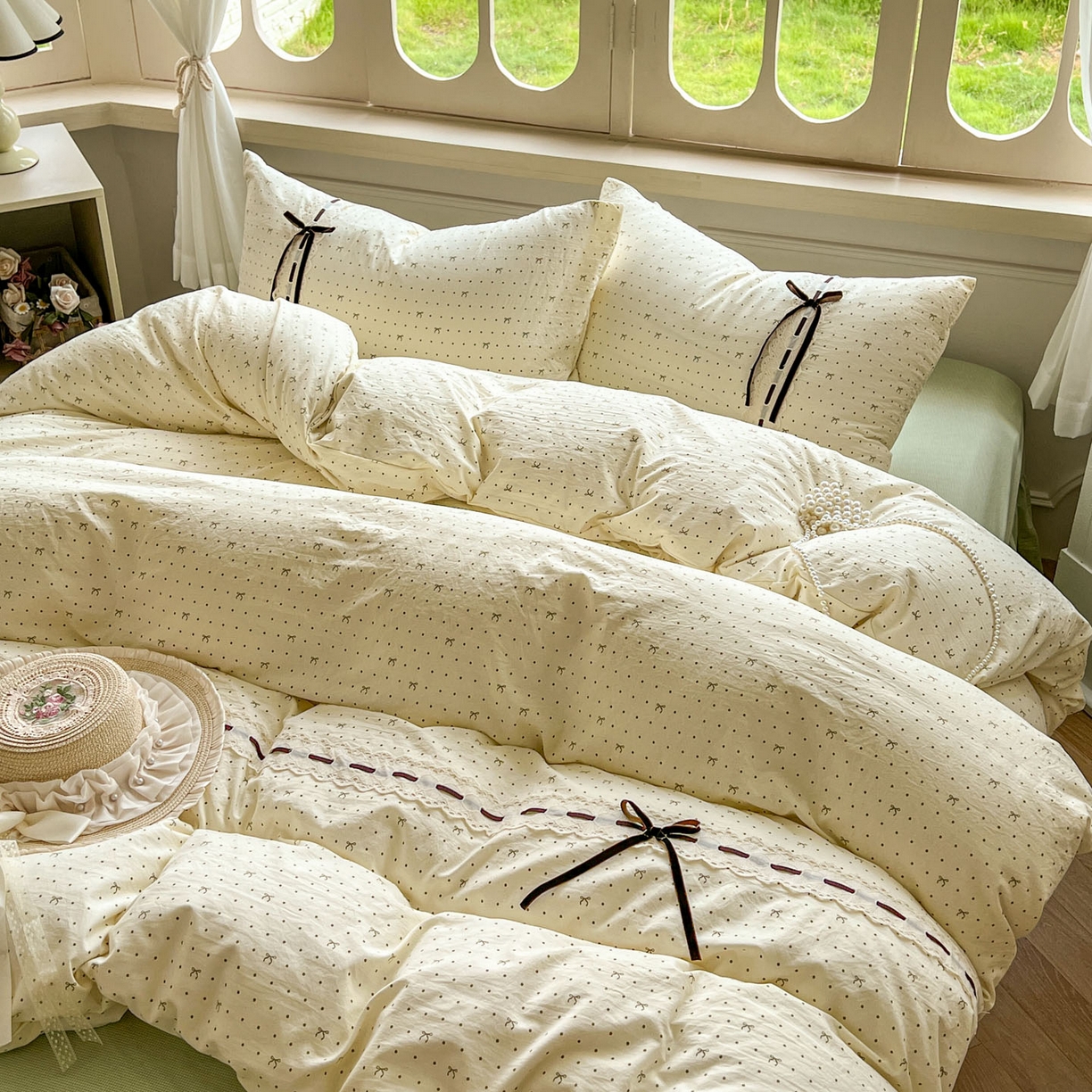 91家纺网 家纺一手货源 找家纺 老K (原美阁） 2025新款床裙款蝴蝶结细丝斜纹韩版四件套 绿色蝴蝶结