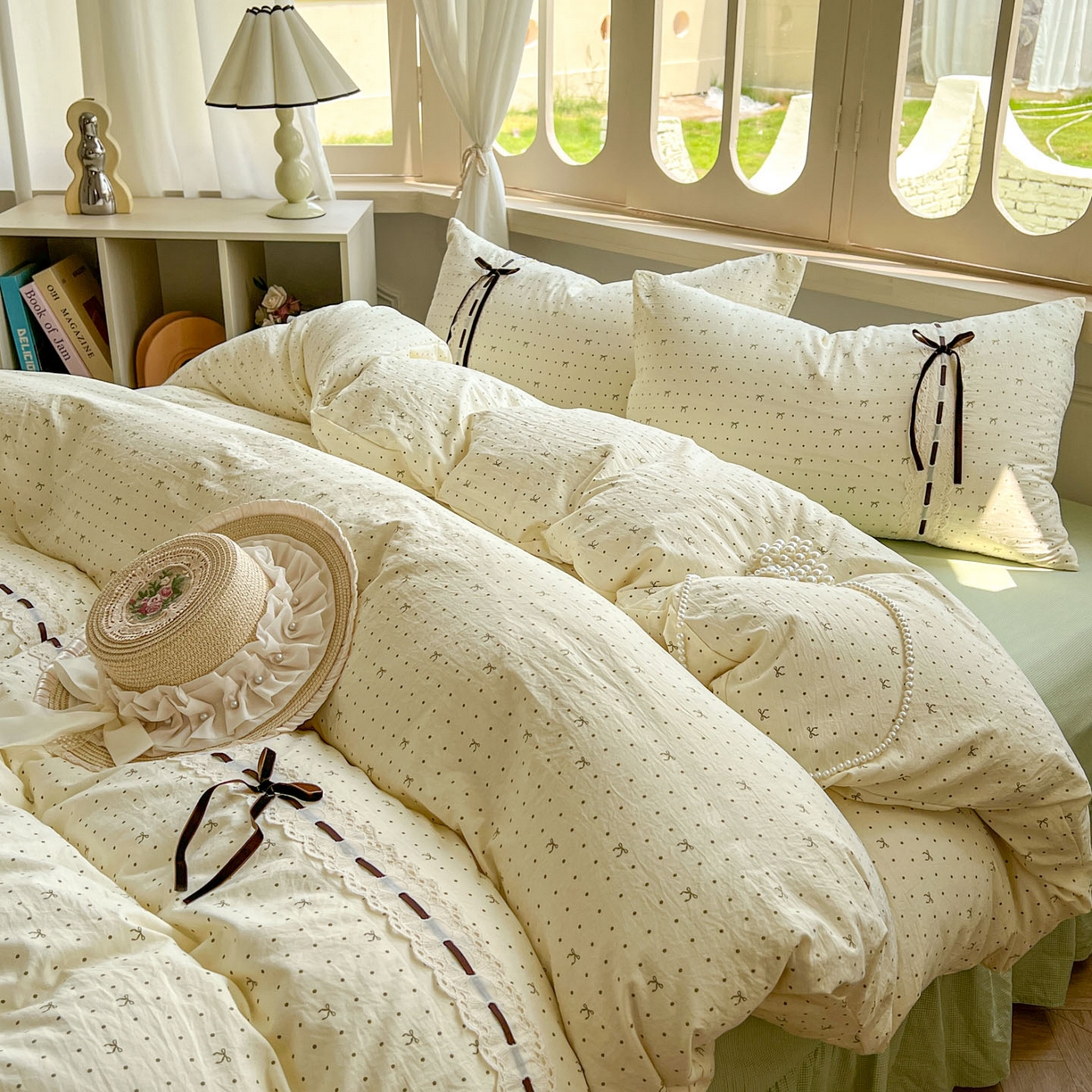 91家纺网 家纺一手货源 找家纺 老K (原美阁） 2025新款床裙款蝴蝶结细丝斜纹韩版四件套 绿色蝴蝶结