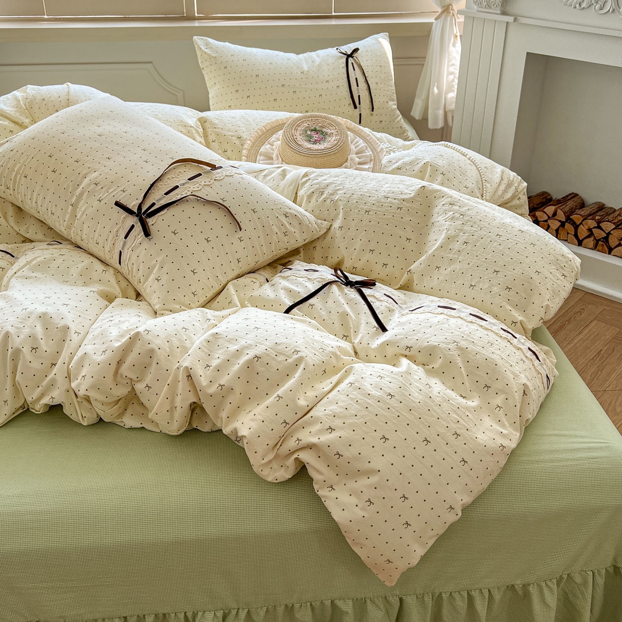 91家纺网 家纺一手货源 找家纺 老K (原美阁） 2025新款床裙款蝴蝶结细丝斜纹韩版四件套 绿色蝴蝶结