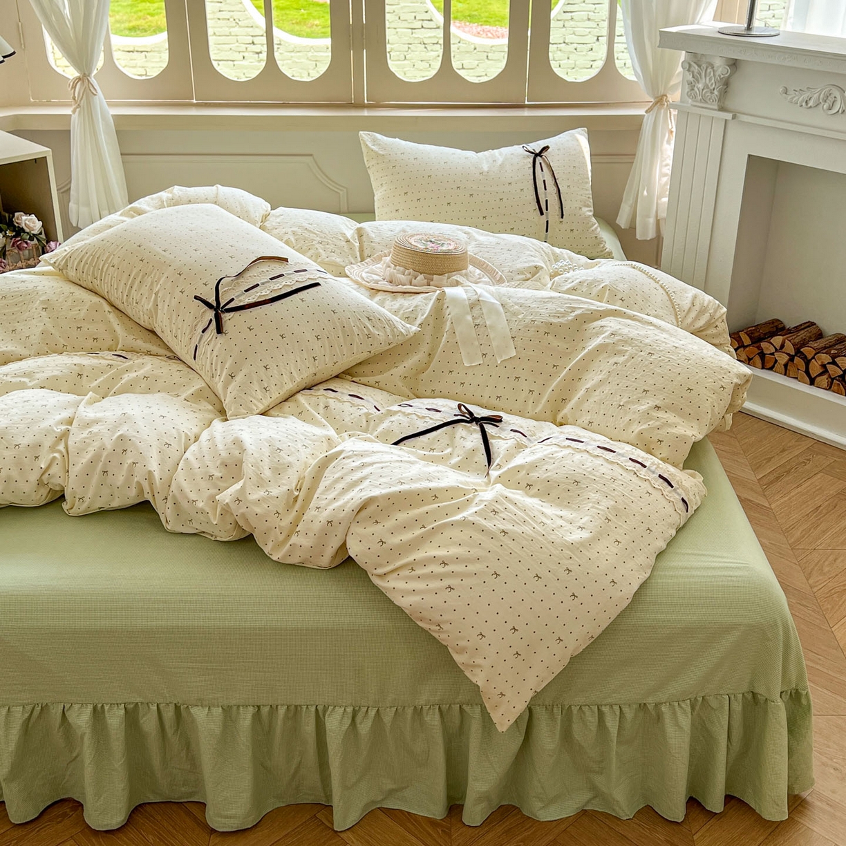 91家纺网 家纺一手货源 找家纺 老K (原美阁） 2025新款床裙款蝴蝶结细丝斜纹韩版四件套 绿色蝴蝶结