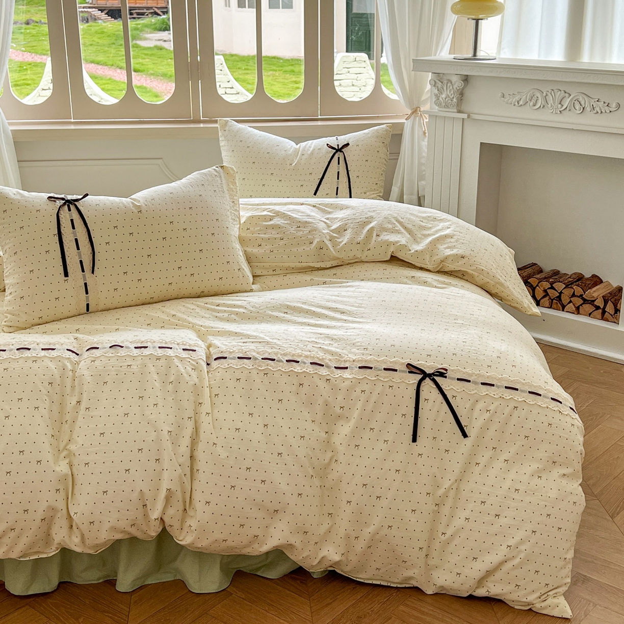 91家纺网 家纺一手货源 找家纺 老K (原美阁） 2025新款床裙款蝴蝶结细丝斜纹韩版四件套 绿色蝴蝶结