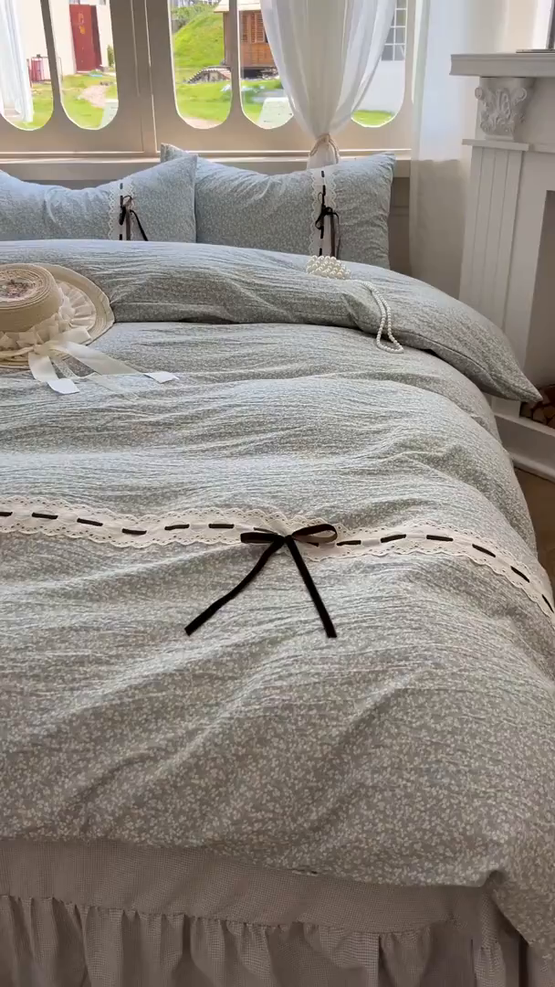 91家纺网 家纺一手货源 找家纺 老K (原美阁） 2025新款床裙款蝴蝶结细丝斜纹韩版四件套 绿色小碎花