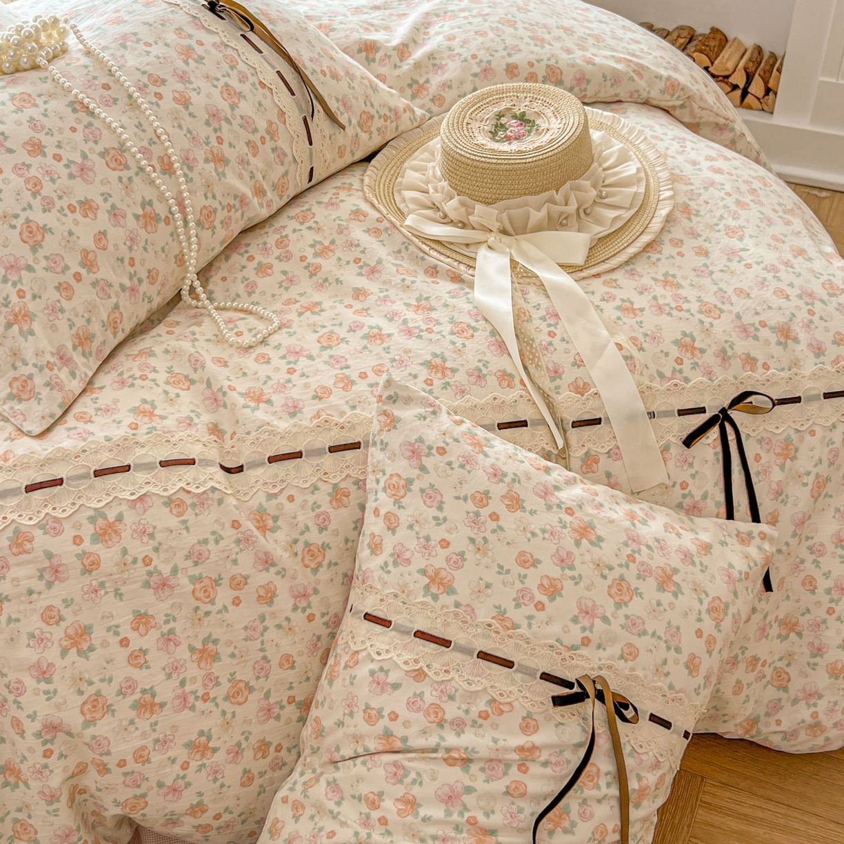 91家纺网 家纺一手货源 找家纺 老K (原美阁） 2025新款床裙款蝴蝶结细丝斜纹韩版四件套 悠然雅居